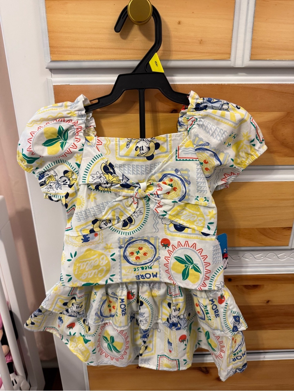 Girls Yellow & White Lemon Print Bow Front Dress
